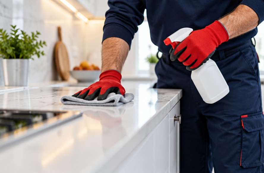 Professional cleaning a kitchen counter, hands and torso only