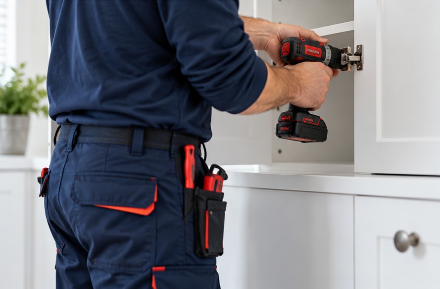 Professional repairing a cabinet hinge, with no face visible
